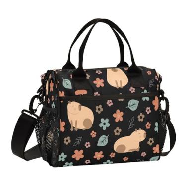 Imagem de Joisal Lancheira feminina Capybara Flores em Preto Lancheira Grande Cooler para Homens, Bolsas térmicas com alça de ombro ajustável