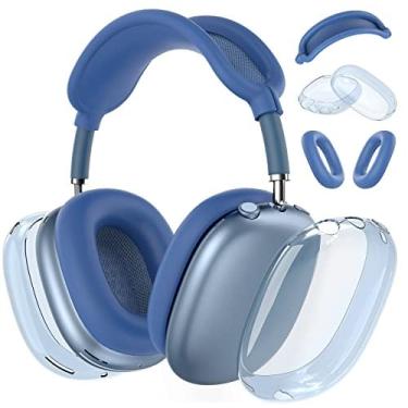 Imagem de Capa de silicone 4 em 1 para AirPods Max, capa transparente de TPU transparente para Apple AirPods Max (2024/2020) (USB-C/Lightning), azul