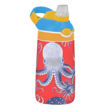 Imagem de Garrafa de água esportiva infantil vermelha gradiente azul para escola, garrafa de água Tritan de 473 ml com canudo, copos de viagem portáteis para crianças à prova de vazamento, alça de transporte