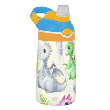 Imagem de Cute Cartoon Dragons Bege Garrafa de água infantil com canudo 473 ml 473 ml Garrafa de água esportiva Tritan à prova de vazamento, copos de viagem portáteis para crianças, reutilizáveis, alça de