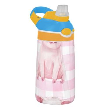 Imagem de Cute Pigs Garrafa de água xadrez rosa branca infantil 473 ml Tritan reutilizável esportiva com tampa de canudo 473 ml copo infantil portátil à prova de vazamento, alça de transporte
