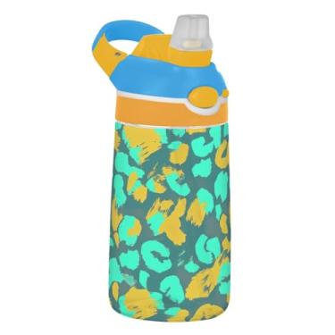 Imagem de Garrafa de água infantil leopardo verde-azulado amarelo 473 ml reutilizável esportiva com tampa de canudo 473 ml Tritan copo infantil à prova de vazamento portátil, alça de transporte