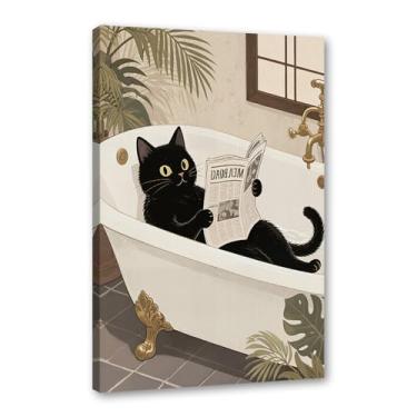 Imagem de Arte de parede em tela de gato preto engraçado na banheira gato fofo lavar suas patas lendo pôster de jornal banheiro impressões animais decoração de parede (SKU1,30,5x40.6 cm = (30x40cm), emoldurado