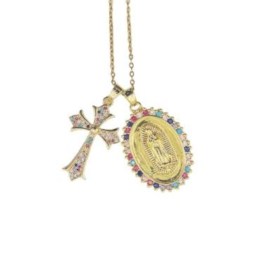 Imagem de Medalha Da Virgem Maria Cruz Crucifixo Medalhão Moeda,Escapulário Colar Feminino