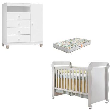 Imagem de Berço Americano Mirelle com Colchão Gazin e Cômoda Infantil Ternura Baby Branco Brilho - Incorplac