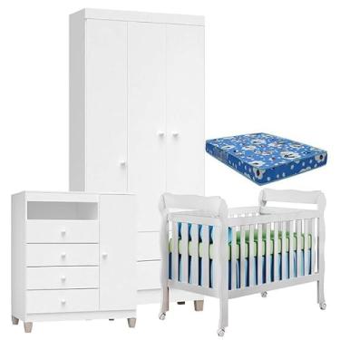 Imagem de Quarto de Bebê 3 Portas Ternura Baby com Berço Lila Branco Brilho com Colchão para Berço Americano - Incorplac