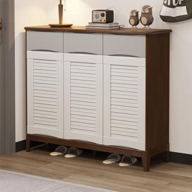 Imagem de Organizador de recipiente de 3 portas em pé, armário de sapatos fechado com 4 prateleiras, armário de armazenamento de sapatos, com 3 gavetas, para sala de estar, entrada e sala de família