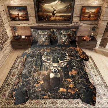 Imagem de Erosebridal Conjunto de cama de veado de caça para homens, meninos, vida selvagem ocidental, alce, alce, chifres de animais, conjunto de edredom com lençóis, Queen gótico, vintage, floresta em uma
