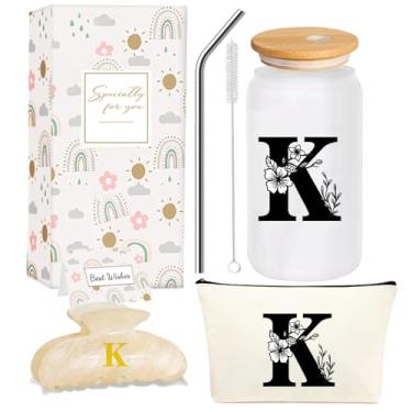 Imagem de 4MELLY Copo de vidro com inicial monograma, presentes personalizados para mulheres, copos de vidro de 473 ml, canudos, aniversário, Natal, Dia das Mães, presente para ela