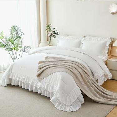 Imagem de ANGIYUIN Conjunto de 5 peças de edredom branco, tamanho queen, com babados, cama de fazenda leve em uma bolsa com lençóis (queen branco)