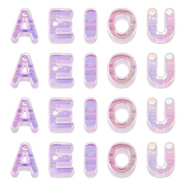 Imagem de FASHEWELRY Contas de letras grandes violeta cristal 50 peças de acrílico colorido grande contas do alfabeto vogal AEIOU espaçador contas de paracord para chaveiros, bolsa, kit de berloques, correntes