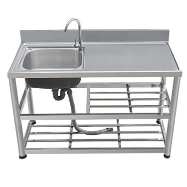 Imagem de Pia de cozinha de aço inoxidável, pia de cozinha embaixo da montagem, tigela única de aço inoxidável, com bancada de trabalho e prateleiras de armazenamento internas e externas, com torneira e dreno