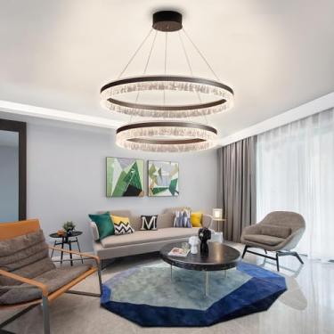 Imagem de Lustre moderno de alumínio com LED dimerizável e controle remoto, aro marrom, elegante, luminária pendente grande para sala de estar, luminária de teto ajustável redonda de acrílico para res