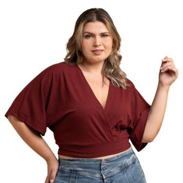 Imagem de Blusa Manga Morcego Cropped Feminino Decote V Canelada Soltinha Manga 