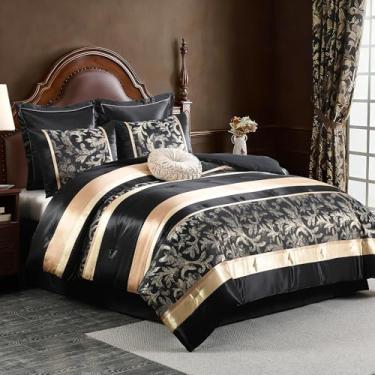 Imagem de Bedduvit Conjunto de edredom Queen preto e dourado com 7 peças – Luxuoso e sedoso vintage Jaquard com design de patchwork genuíno, tamanho Queen, roupa de cama alternativa com fronhas, travesseiro
