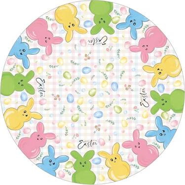 Imagem de XCHI Toalha de mesa xadrez feliz páscoa colorida coelho ovos coelhos Páscoa toalha de mesa redonda toalha de mesa lavável para decoração de jantar em casa 70 x 70 polegadas