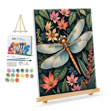 Imagem de YOYA Kit de pintura emoldurada por números para adultos – Kits de pintura de libélula por números em tela com cavalete, pintura de libélula de flor DIY por número tela emoldurada para decoração de