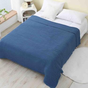 Imagem de Cobertores e mantas fofas femininas masculinas para cama cachecol adulto longo duplo solteiro para sofá toalha de banho absorvente algodão gaze quente macio e confortável (azul, 150 x 200 cm)
