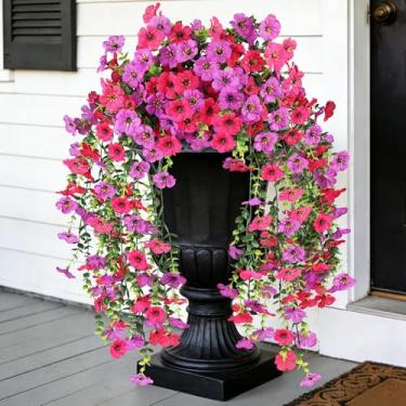 Imagem de AmberFun Flores artificiais para pendurar ao ar livre, não desbotam, 2 pacotes de flores de seda falsas para o exterior, decorações de plantas falsas realistas para pendurar cestos