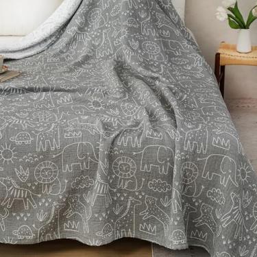 Imagem de MEJU Manta cinza animais da selva guepardo zebra elefante leão crianças meninos meninas cobertor para cama sofá sofá, 100% algodão penteado 3 camadas colcha cobertor de cama desenho animado F/Q 203 cm