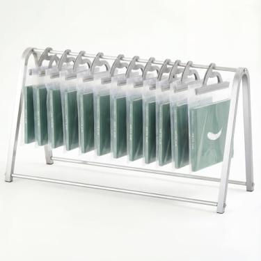 Imagem de Zonon Suporte de exibição de bolsa suspensa de bancada, 76 cm L x 29 cm P x 43 cm A com borracha antiderrapante, organizador de 30 sacos com aço inoxidável prateado escovado para bolsas, sala de aula