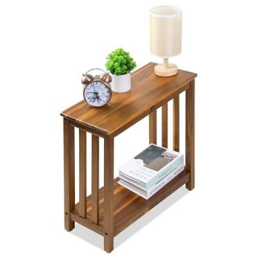 Imagem de ENKEZI Mesa de canto estreita com prateleira – mesa lateral fina, mesa de cabeceira para espaços pequenos, quarto, sala de estar, varanda ou uso externo (console minimalista)