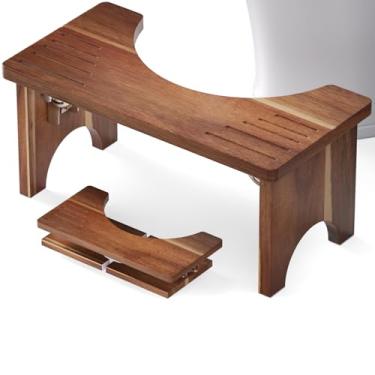 Imagem de Danfoxer Banco sanitário de madeira de acácia de 17 cm para adultos, banquinho dobrável para banheiro, banquinho portátil com tira antiderrapante, sem necessidade de montagem