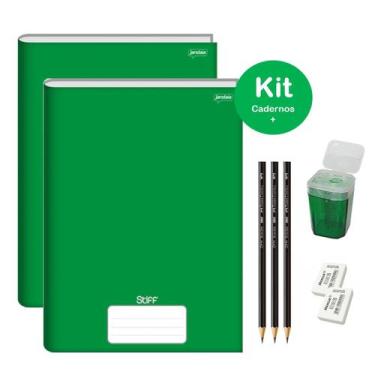Imagem de Caderno Brochurão Verde Capa Dura 96 folhas Kit 2un Stiff Jandaia + Ki