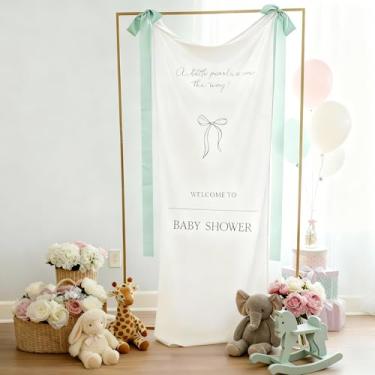 Imagem de HunnmingRe 152.4 cm x 61.0 cm Tecido Baby Shower Welcome Banner Sign A Little Pearl Is on the Way Grande Suporte de Exibição de Boas-Vindas Decoração com Fita de Laço para Cerimônia de Jardim Gramado