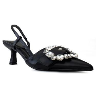 Imagem de RF Sapato feminino bico fino Slingback Mary Jane salto gatinho Mule escarpin, PU preto - fivela de cristal, 34