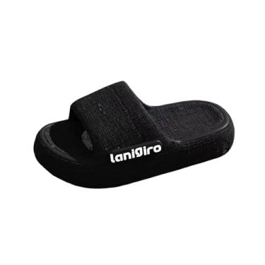 Imagem de Pantufas masculinas casuais com sola grossa, design com letras laterais, ambientes internos, externos, casa, banheiro, confortável, EVA, Preto, 37