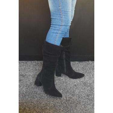 Imagem de Botas Femininas Bico Fino Salto Bloco Couro Camurça Lirom - !Ou, Preto