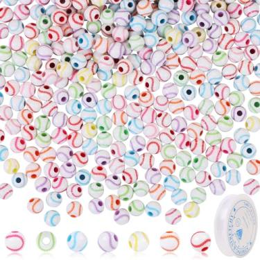 Imagem de 300 contas esportivas para fabricação de joias, contas de beisebol acrílicas KISSBUTY a granel com cordão elástico, conta espaçadora esportiva para pulseira de artesanato DIY, 12 mm (bola de beisebol