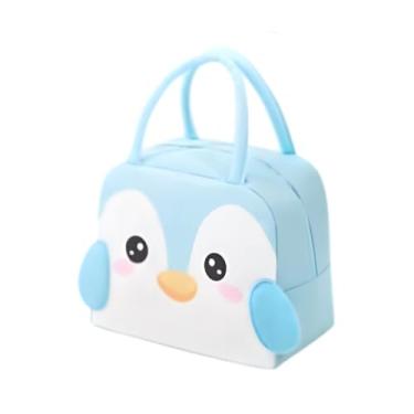 Imagem de Bolsa térmica infantil com alça modelo escolar para lanche e marmita estampas de animais 3D resistente e prática (Pinguim)