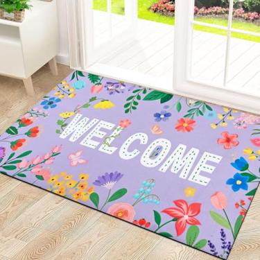 Imagem de Likiyol Tapete de porta floral, entrada externa, tapete de boas-vindas de flores coloridas, capacho antiderrapante com mola, entrada interna, perfil baixo, absorvente, 45,7 cm x 76,2 cm, roxo