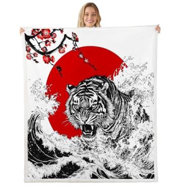 Imagem de jejeloiu Cobertor de lã de ovelha de tigre para sofá de cama, manta de 127 x 152 cm, cobertor de lã de onda do oceano japonês, cobertor de pelúcia ultra macio com flores de cerejeira, cobertor felpudo