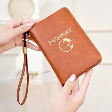 Imagem de Carteira retrô blindada para passaporte | Fecho de zíper, design de dobra dupla, bolso, cordão, antifurto, bolsa de forro multifuncional, Marrom claro, Clássico