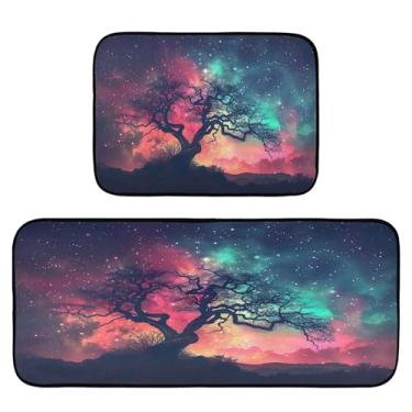 Imagem de xigua Conjunto de 2 peças de lindos tapetes e tapetes de cozinha com céu noturno absorvente macio para chão, tapete de cozinha antiderrapante, 50 x 120 cm + 50 x 70 cm