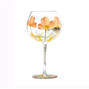 Imagem de Taça de vidro grande de 612 g, taças de vinho coloridas pintadas à mão com haste de flores