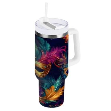 Imagem de Blueangle Copo isolado de máscara de carnaval de carnaval de 850 g com alça e tampa de palha, caneca de viagem reutilizável de aço inoxidável (357)
