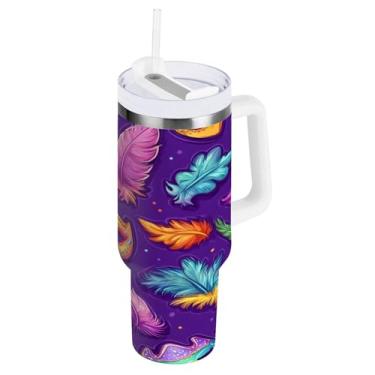 Imagem de Blueangle Copo isolado de carnaval de 850 g com alça e tampa de palha, caneca de viagem reutilizável de aço inoxidável (321)