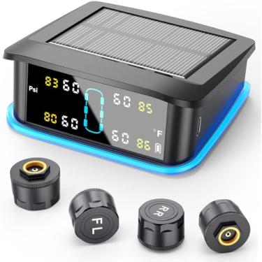 Imagem de Sistema de monitoramento de pressão de pneu com carregador solar, sistema de monitor de pressão de pneu TPMS (0-99 PSI) com 4 sensores e 6 modos de alarme, visor LCD (4 sensores)