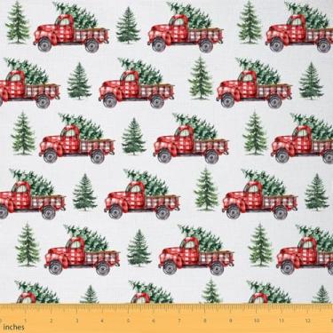Imagem de Tecido de caminhão vermelho de Natal da The Yard Tecidos de pinheiro verde aquarela para suprimentos de costura Tecido rústico estilo casa de fazenda de Natal para decoração de quarto e estofamento