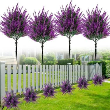 Imagem de YUGYUM Flores de lavanda artificiais, vegetação com espigão ao ar livre, arbustos falsos, plantas, plantas de plástico resistente a UV para ambientes externos, casa, jardim, varanda, primavera