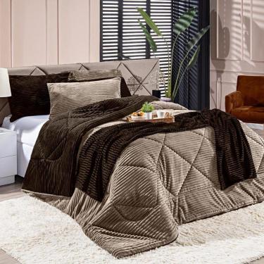 Imagem de Coberdrom Canelado Dupla Face Denver Solteiro 02 Peças Manta Microfibra Canelada Caqui