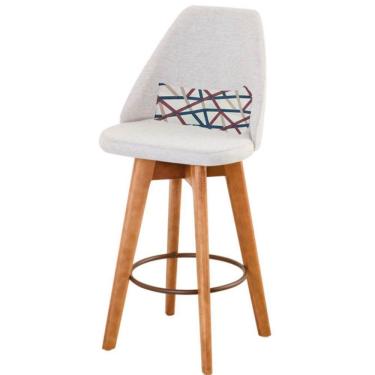 Imagem de Kit 06 Banquetas Alta Maya Giratória Com Encosto Linho Bege Claro e Almofada Linhas Coloridas - Aurora Line