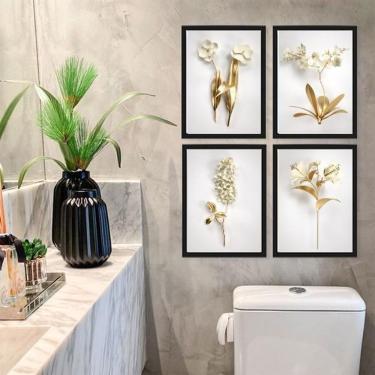 Imagem de Kit 4 Quadros Flores Brancas com Dourado 45x34cm