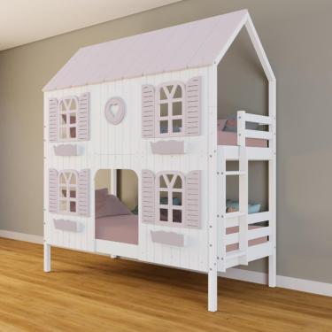 Imagem de Beliche Casinha Bela Com Coração 4 Janelas Venezianas Madeira Maciça Branco/rosa | Housin