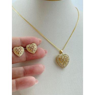 Imagem de Conjunto de Colar e Brinco Coração Cravejado com Zircônia Cristal - Ba