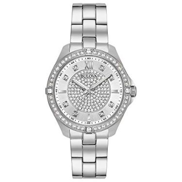 Imagem de Bulova Relógio feminino de quartzo com 2 ponteiros de cristal clássico de aço inoxidável, mostrador pavê, estilo: 96L236, Prata, Pulseira de aço inoxidável prateado de quartzo de cristal